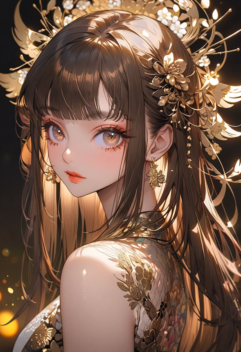 The background is a festival，(Highest quality,Very detailed,High resolution:1.2),beautiful girl，Brown straight hair,Brown bangs，very_Long eyelashes, Detailed lips, Cool look, Soft Skin, Shiny Hair,Exquisite makeup,Looking back at me