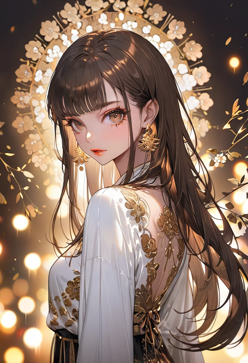 The background is a festival，(Highest quality,Very detailed,High resolution:1.2),beautiful girl，Brown straight hair,Brown bangs，very_Long eyelashes, Detailed lips, Cool look, Soft Skin, Shiny Hair,Exquisite makeup,Looking back at me