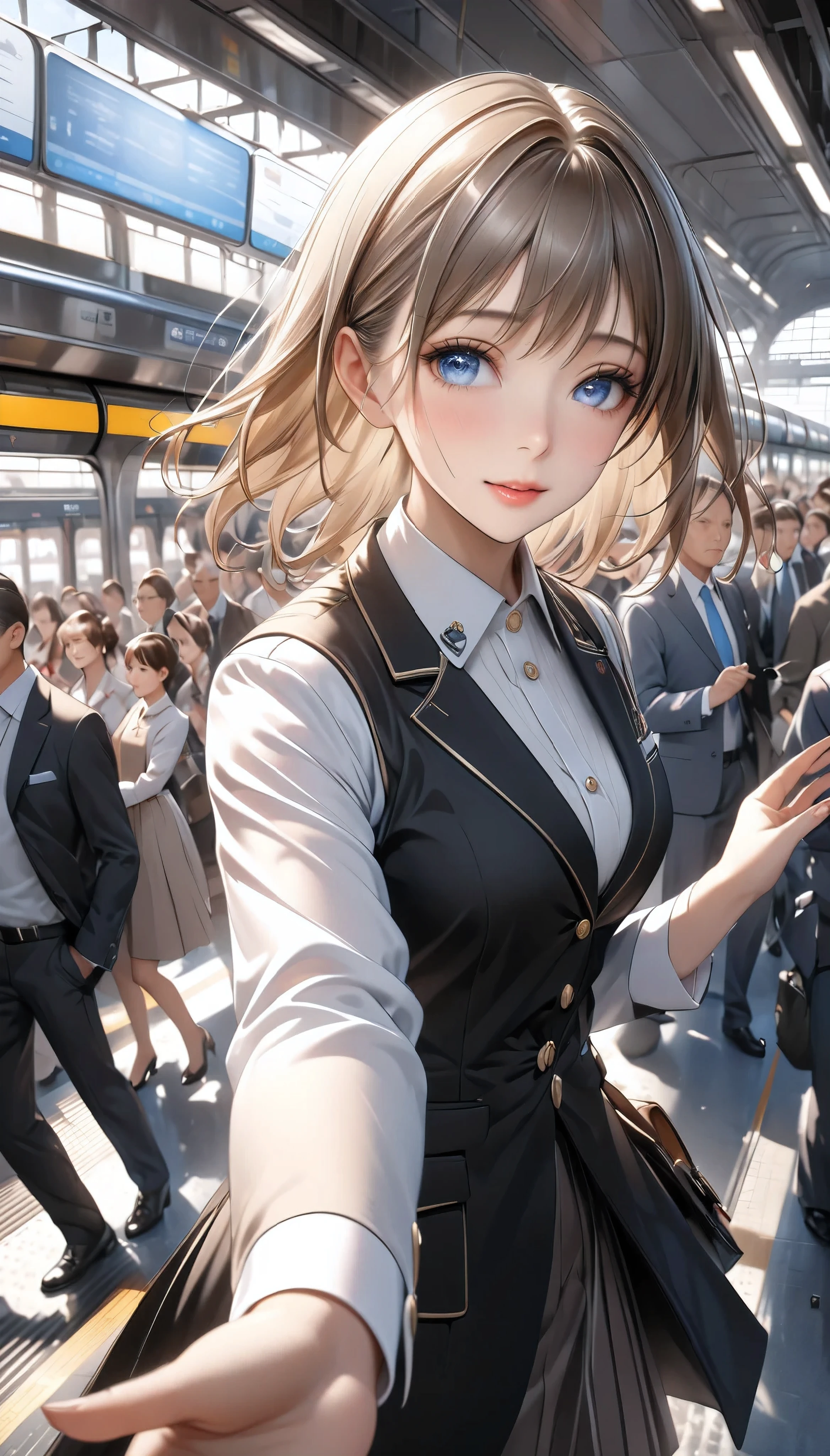  Detailed digital CG unit with extreme quality,  Ultra Realistic Animation , Super Fine,  digital illustration, BREAK Trains Waiting ,  Female Conductor Giving Signals ,  Safety Confirmation Before Departure ,  High Class and Strict Simple Uniforms, sense of cleanliness,  Amidst Everyday Chaos 々, A bustling station,  Lots of People Getting On and Off 、 people offering their blessings to you々, Super Retina, Sharpness,  dynamic angle,  Soft Focus, 