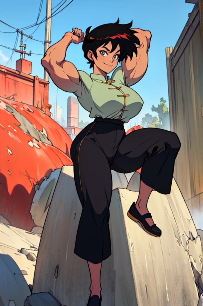 masterpiece, ultra quality, Beautiful detailed, extremely detailed,16K, exquisite, Lois Lane, absurdity, highres, Beautiful background, Beautiful eye, grey eyes, Beautiful skin, anime style, 1girl, solo, looking at the viewer, upper body focus, huge breasts, big ass, black_hair, BREAK Ranma red_shirt, ranma black_pants, Black_kung fu_shoes, Cameltoe BREAK (((muscular:1.5))), cheeky smile, Cheeky daughter, kung fu pose, (One leg raised up above the head:1.3), kick, i-shaped balance, detailed hands, perfect anatomy, outdoor, loose, Togenkyo,