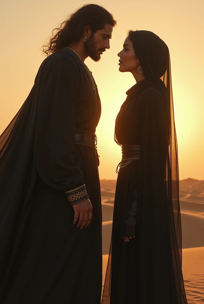 Full body portrait, panorama, modern style, two Arabian beauties in traditional luxury Arabian burqa, luxurious black veil masked, luxurious gold veil masked, both masked faces, hugging, kissing, veil across veil, mouth to mouth, veil meeting veil, in the golden desert, in front of a golden luxury tent, blue sky and white clouds, niqab, hijab burqa, tone mapping, detailed, highly detailed, smooth, sharp focus, beautiful illustration, photograph, backlight, dynamic lighting, fog, complex, film grain, professional, Facing the audience, volumetric lighting, underground scattering, good highlights, good shadows, film