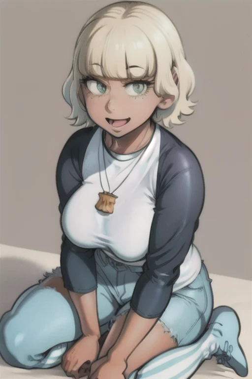 Jackie Lynn Thomas ， 1 girl, Alone, chest,  look at the viewers, smile,  shorthair,  open her mouth , bangs,  skirt,  blonde hair, large chest,  simple background,  shirt,  Long Sleeve , gem,  sitting, Green Eyes, whole body, Thighs, shoes, Shorts, socks,   stripe, Dark Skin, blunt bangs,  Necklaces ,  dark-skinned woman, denim, white socks, seiza, Freckles, overview, white overview,  raglan sleeve, Aqua background ,   stripe socks