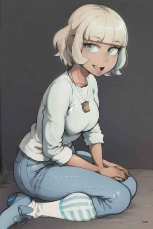 Jackie Lynn Thomas ， 1 girl, Alone, chest,  look at the viewers, smile,  shorthair,  open her mouth , bangs,  skirt,  blonde hair, large chest,  simple background,  shirt,  Long Sleeve , gem,  sitting, Green Eyes, whole body, Thighs, shoes, Shorts, socks,   stripe, Dark Skin, blunt bangs,  Necklaces ,  dark-skinned woman, denim, white socks, seiza, Freckles, overview, white overview,  raglan sleeve, Aqua background ,   stripe socks