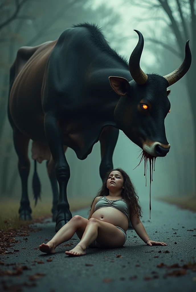 Naked and pregnant woman next to a bull
