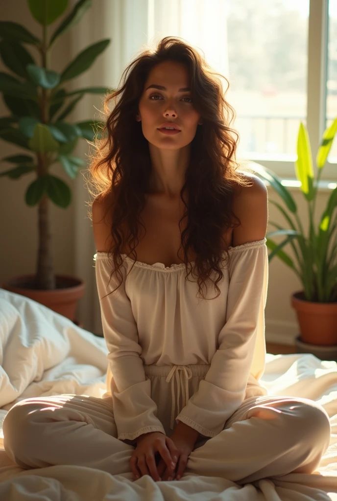(photorealism:1.2), beautiful woman, sitting on bed, wearing loose off-shoulder top, pajama pants, long curly hair, indoors, soft lighting, plants in background, window with sunlight, cozy room, relaxed pose, realistic, intricate details, warm colors, by Greg Rutkowski, by Alphonse Mucha