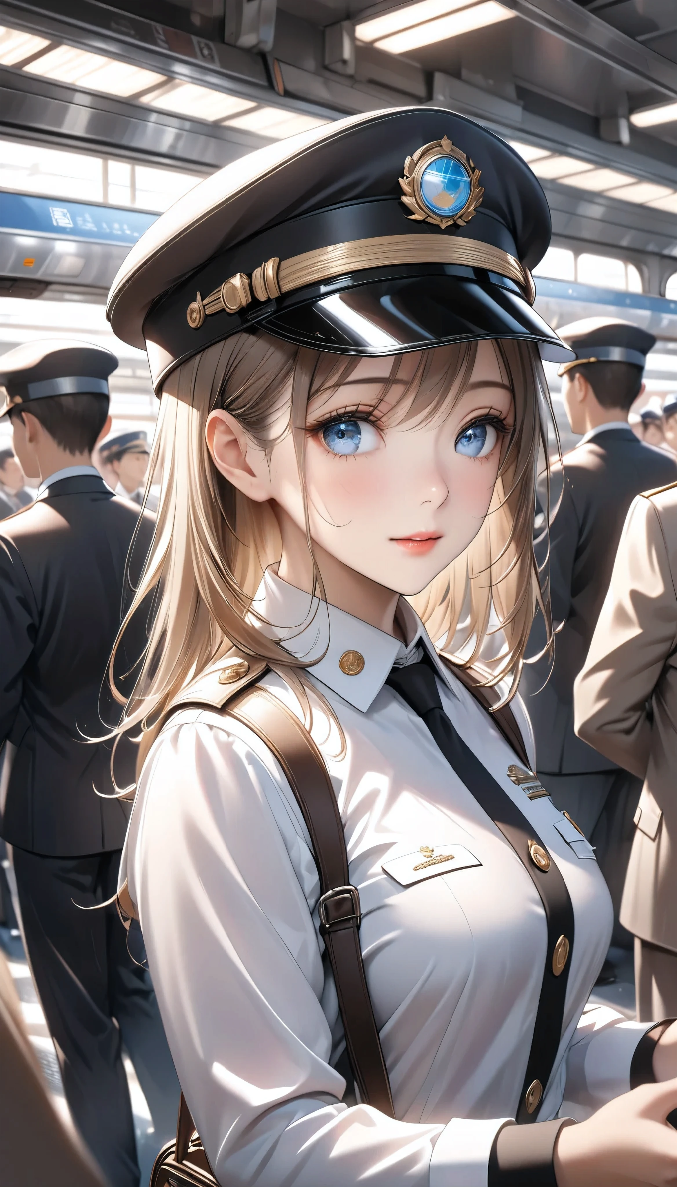  Detailed digital CG unit with extreme quality,  Ultra Realistic Animation , Super Fine,  digital illustration, BREAK Trains Waiting ,  Female Conductor Giving Signals ,  Safety Confirmation Before Departure ,  High Class and Strict Simple Uniforms, Uniform cap, sense of cleanliness,  Amidst Everyday Chaos 々, A bustling station,  Lots of People Getting On and Off 、 people offering their blessings to you々, Super Retina, Sharpness,  dynamic angle,  Soft Focus, 