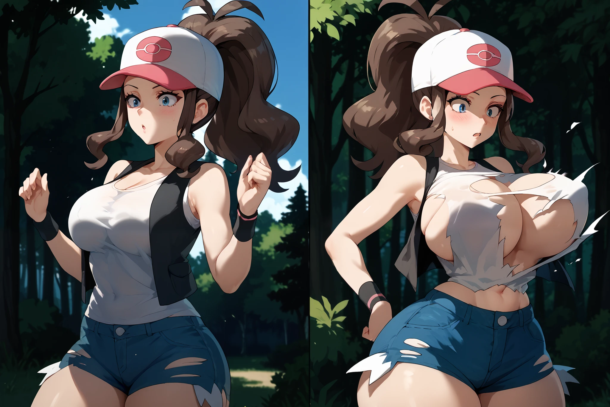 2girls, huge breasts, large hips, small waist, large thighs, pokemonhilda, blue eyes, brown hair, long hair, ponytail, baseball cap, blue shorts, denim, hat, shorts, vest, wristband, sleeveless, black vest, white shirt, shirt, ((outdoors, forest)), ((breast expansion:1.2)), multiple views, shiburstbreast, bursting breasts, torn clothes, wardrobe malfunction, bouncing breasts, unaligned breasts, exploding clothes,