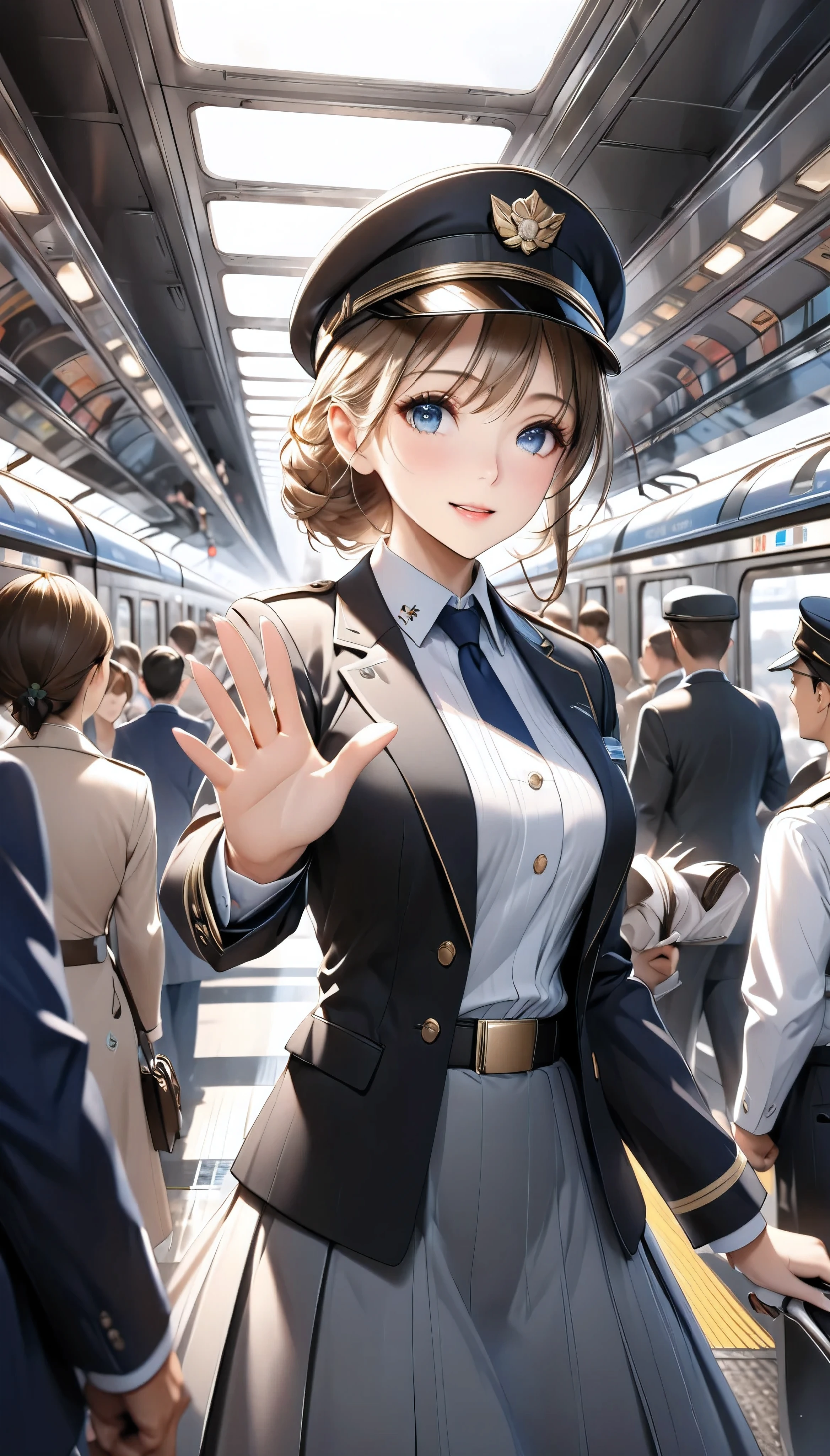  Detailed digital CG unit with extreme quality,  Ultra Realistic Animation , Super Fine,  digital illustration, BREAK Trains Waiting ,  Female Conductor Giving Signals ,  Safety Confirmation Before Departure ,  High Class and Strict Simple Uniforms, Uniform cap, sense of cleanliness,  Amidst Everyday Chaos 々, A bustling station,  Lots of People Getting On and Off 、 people offering their blessings to you々, Super Retina, Sharpness,  dynamic angle,  Soft Focus, 