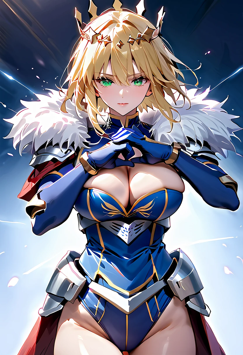 artoria、bangs、Ahoge、Blonde、Green Eyes、 French Braid 、 shorthair、Big Breasts、crown、 Blue Leotard 、 sleeveless、 cleavage cutouts、 elbow gloves 、Blue gloves、blue knee socks
red cape、Fur trim、 gauntlet 、armor、armorブーツ、 underbust pose