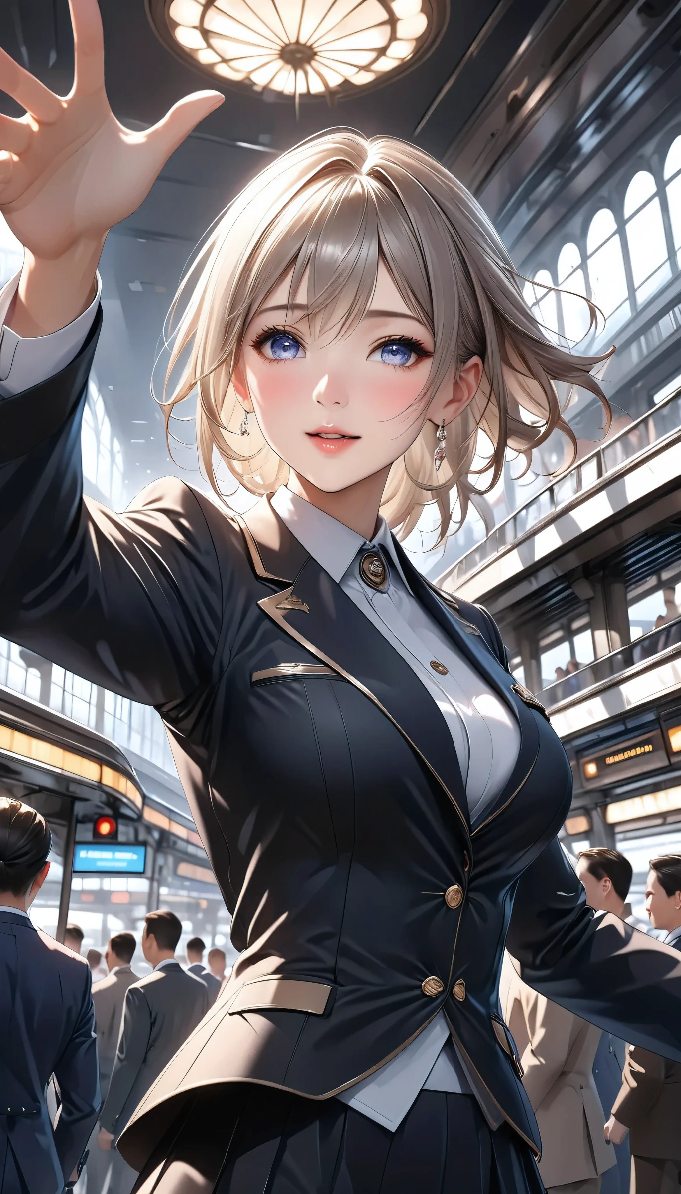  Detailed digital CG unit with extreme quality,  Ultra Realistic Animation , Super Fine,  digital illustration, BREAK Trains Waiting ,  Female Conductor Giving Signals ,  Safety Confirmation Before Departure ,  High Class and Strict Simple Uniforms, Uniform cap, sense of cleanliness,  Amidst Everyday Chaos 々, A bustling station,  Lots of People Getting On and Off 、 people offering their blessings to you々, Super Retina, Sharpness,  dynamic angle,  Soft Focus, 