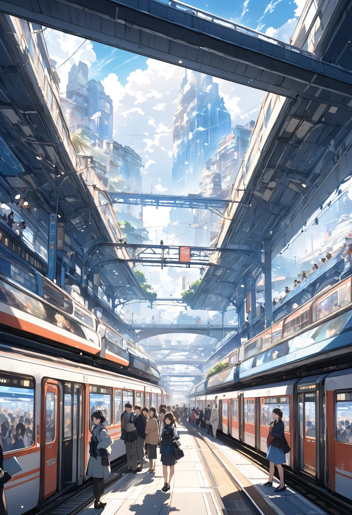 anime、In detail、High image quality、 High Quality 、(( Scenery of a bustling station in the near future ))、Trains and homes、There are a lot of people、 station platform、SF wind、Near Future Station 、between real and unreal 、 an unlikely world、 Beautiful Artwork 、 depiction of the station bustling 