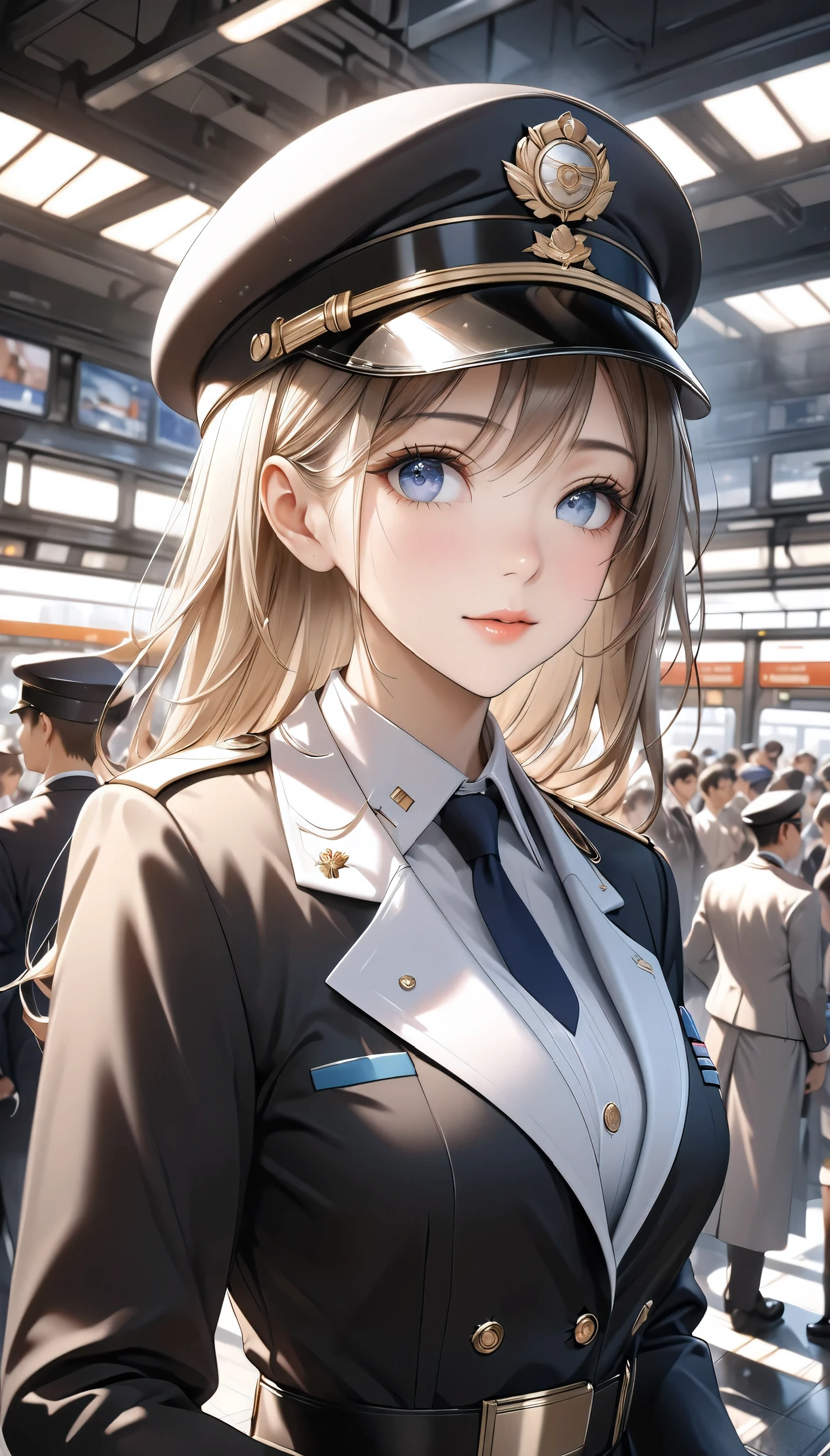  Detailed digital CG unit with extreme quality,  Ultra Realistic Animation , Super Fine,  digital illustration, BREAK Trains Waiting ,  Female Conductor Giving Signals ,  Safety Confirmation Before Departure ,  High Class and Strict Simple Uniforms, Uniform cap, sense of cleanliness,  Amidst Everyday Chaos 々, A bustling station,  Lots of People Getting On and Off 、 people offering their blessings to you々, Super Retina, Sharpness,  dynamic angle,  Soft Focus, 