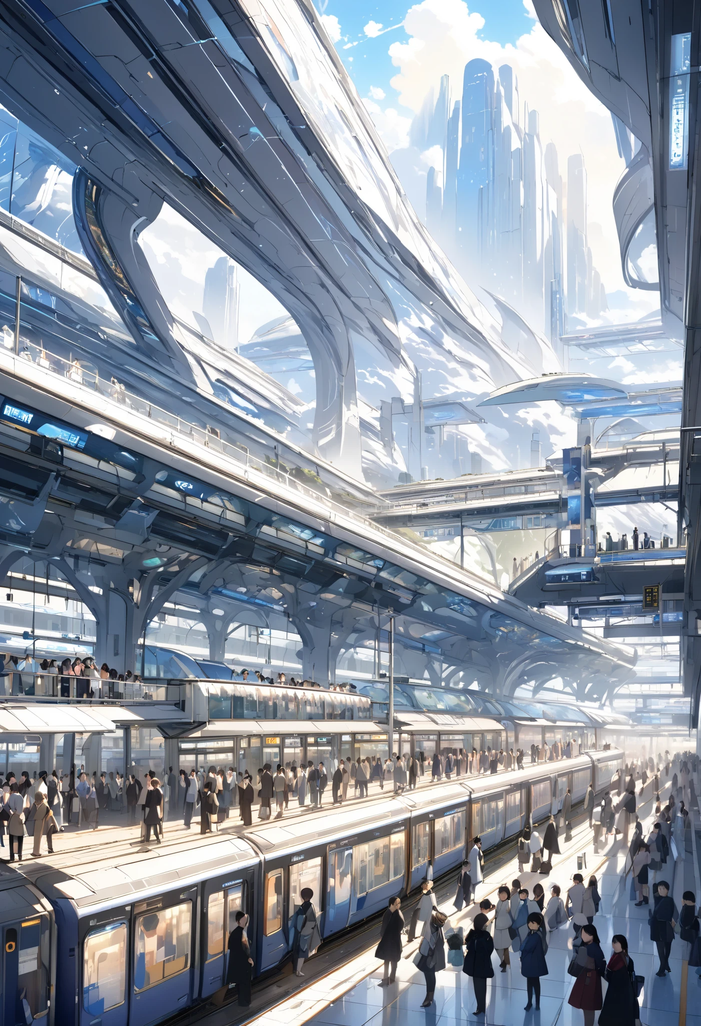  landscape painting、In detail、High image quality、 High Quality 、(( Scenery of a bustling station in the near future ))、There are a lot of people、 station platform、SF wind、Near Future Station 、between real and unreal 、 an unlikely world、 Beautiful Artwork 、 depiction of the station bustling 