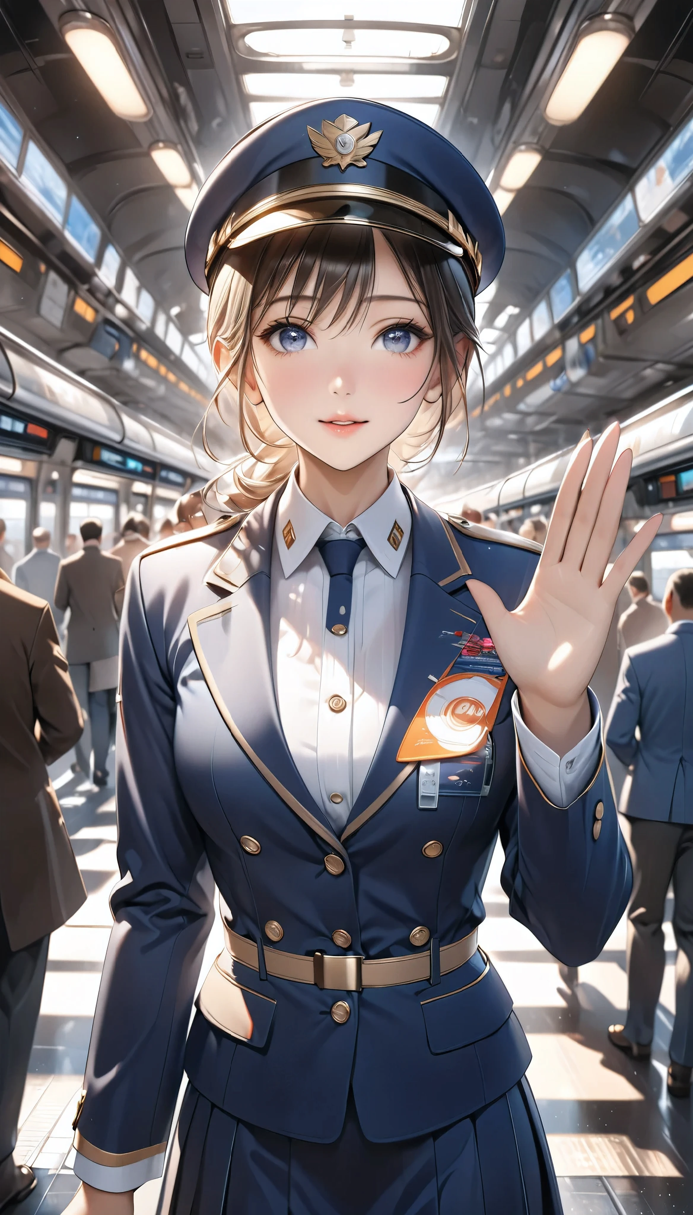  Detailed digital CG unit with extreme quality,  Ultra Realistic Animation , Super Fine,  digital illustration, BREAK Trains Waiting ,  Female Conductor Giving Signals ,  Safety Confirmation Before Departure ,  High Class and Strict Simple Uniforms, Uniform cap, sense of cleanliness,  Amidst Everyday Chaos 々, A bustling station,  Lots of People Getting On and Off 、 people offering their blessings to you々, Super Retina, Sharpness,  dynamic angle,  Soft Focus, 