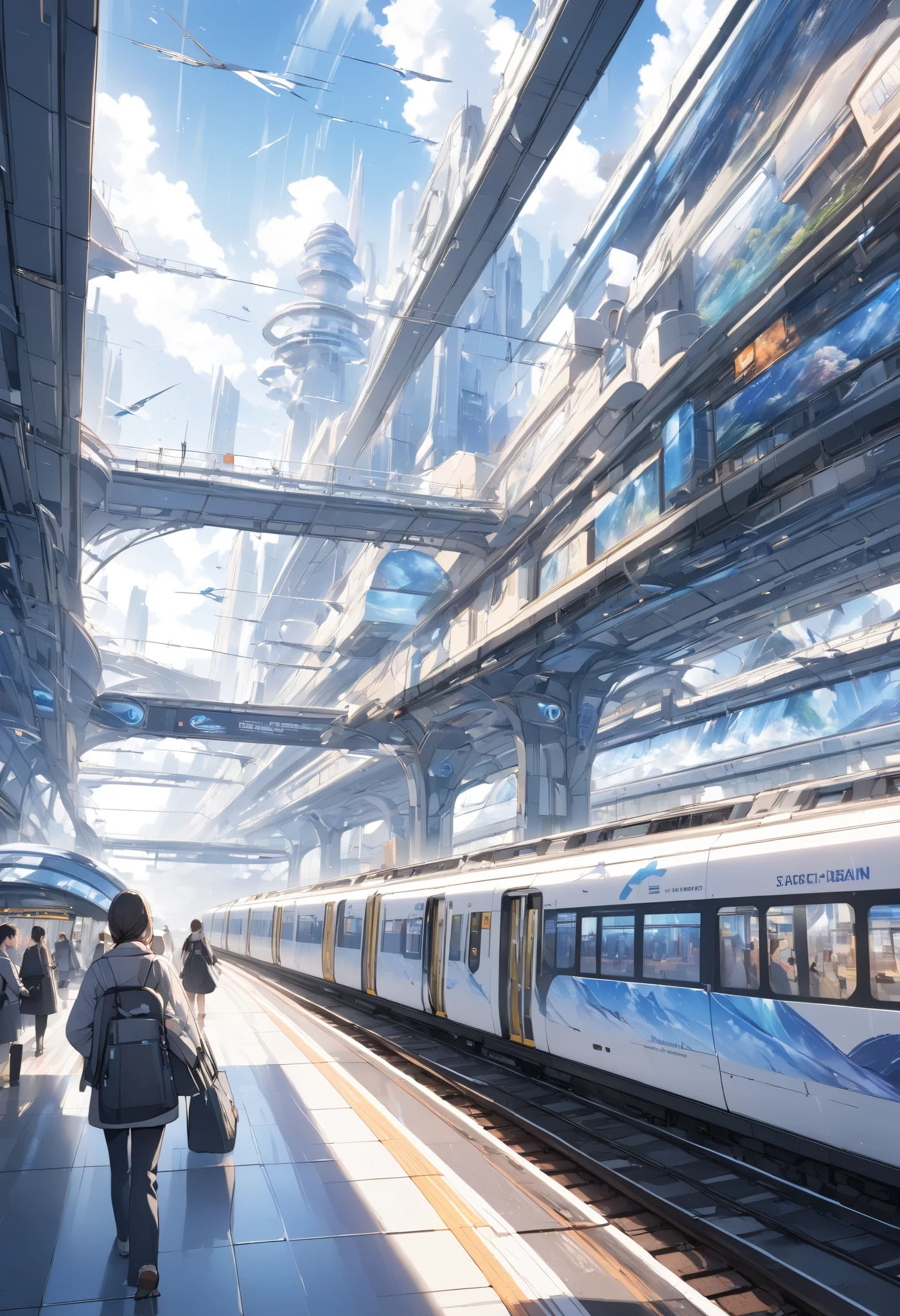 In detail、High image quality、 High Quality 、 Scenery of a bustling station in the near future 、SF wind、Near Future Station 、between real and unreal 、 an unlikely world、 Beautiful Artwork 、 depiction of the station bustling 