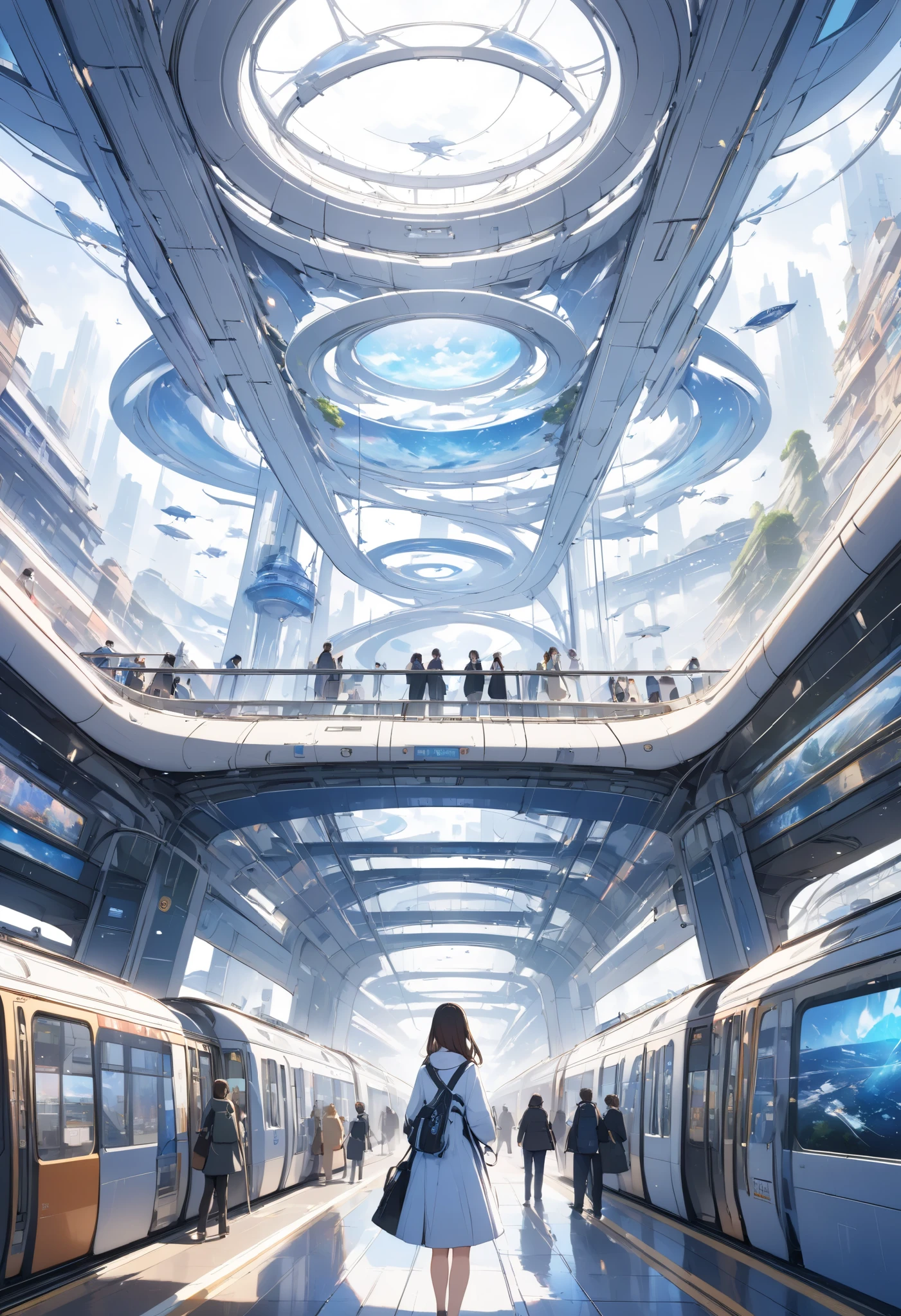 In detail、High image quality、 High Quality 、 Scenery of a bustling station in the near future 、SF wind、Near Future Station 、between real and unreal 、 an unlikely world、 Beautiful Artwork 、 depiction of the station bustling 