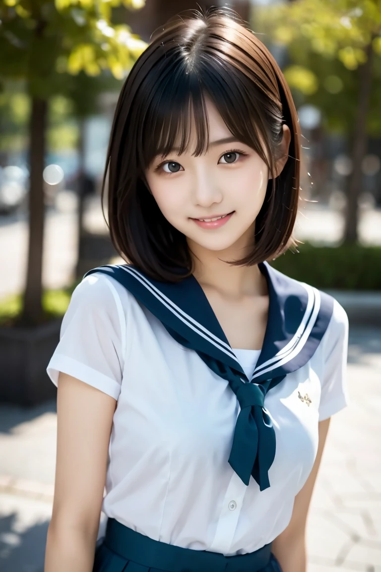 masterpiece,  best quality,  realism,  ultra detail,   fine details,  high definition , 8k wallpaper,  Japanese girl who can see into the distance, 18 years old, ( very cute face like a popular idol), smile, Beautiful slim figure,　Neat and beautiful model ,  Glossy Black Hair , Slightly longer bob hair,  beautiful detailed eyes ,  ( Teal Eyelids),  natural lips,  smaller breasts,  white sailor school uniform, 