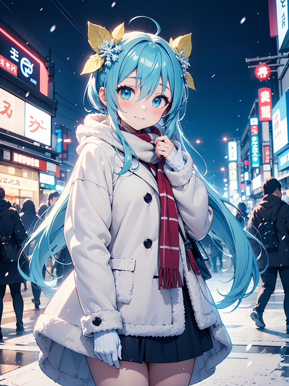 A beautiful snowy nighttime scene in Tokyo, featuring an anime girl dressed in cute and stylish winter fashion. She is standing beside a large, brightly lit Christmas tree in the middle of a festive city square, with softly falling snow adding to the magical atmosphere. The girl looks hopeful and slightly shy as she waits for her boyfriend, her cheeks flushed from the cold. She is wearing a cozy coat with fur trim, a knitted scarf, and warm gloves, with delicate snowflakes caught in her hair. The background showcases Tokyo's iconic cityscape, decorated,


hatsunemiku, miku hatsune, ahoge, aqua eyes, aqua hair, crossed bangs, hair between eyes, hair ornament,long hair, twintails,
