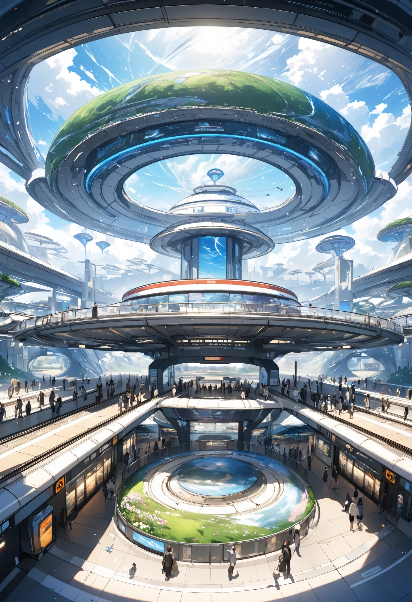  landscape painting、In detail、High image quality、 High Quality 、 Scenery of a bustling station in the near future 、SF wind、Near Future Station 、between real and unreal 、 an unlikely world、 Beautiful Artwork 、 depiction of the station bustling 