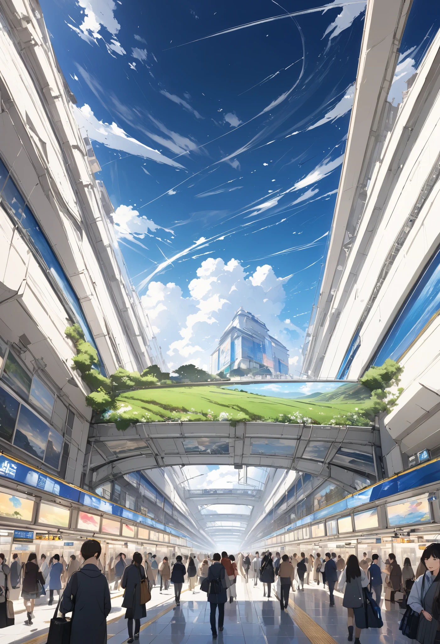  landscape painting、In detail、High image quality、 High Quality 、((近未来の賑わうstationの風景))、There are a lot of people、station、SF wind、近未来のstation、between real and unreal 、 an unlikely world、 Beautiful Artwork 、stationがにぎわう描写