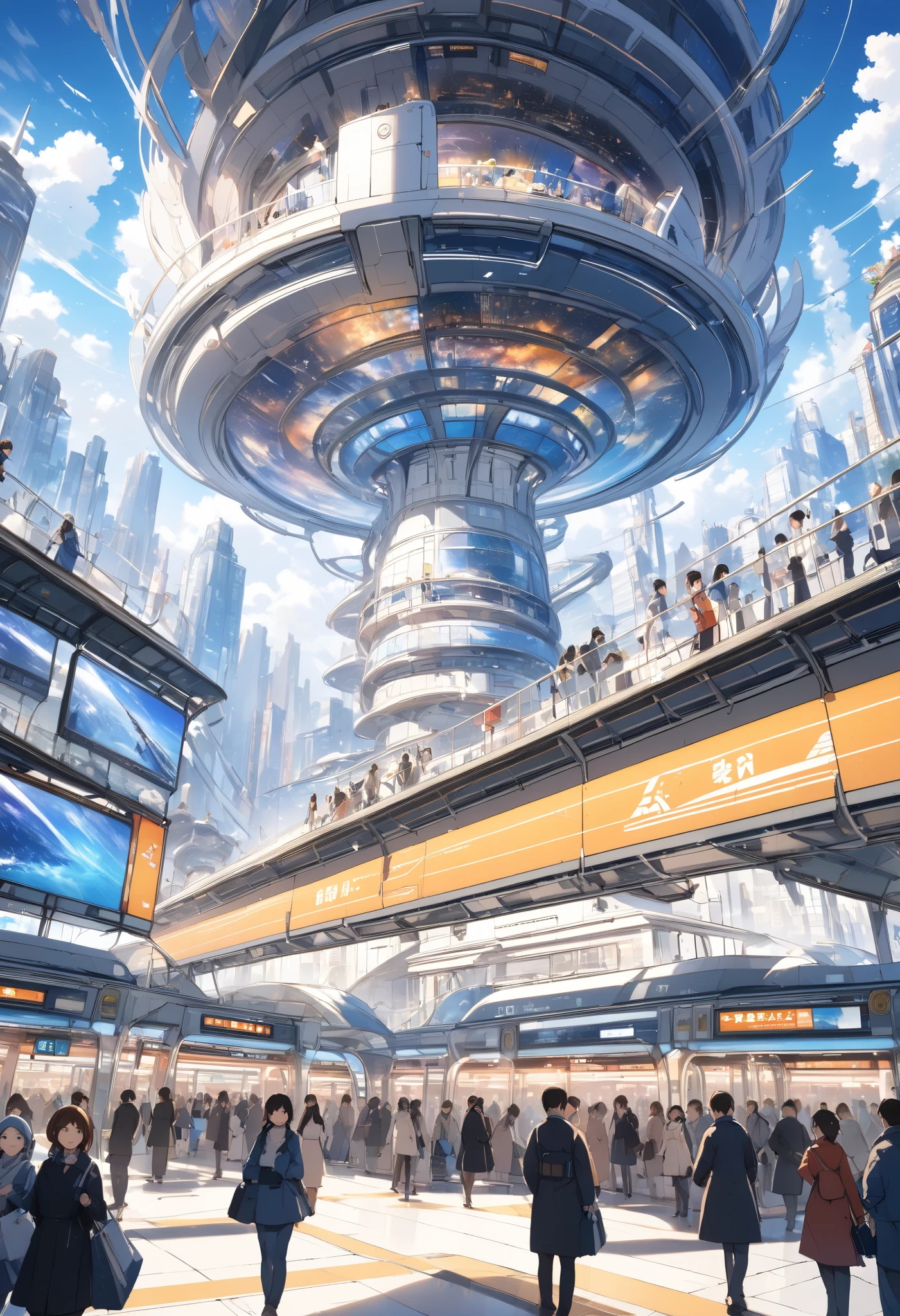 The best drawn anime、In detail、High image quality、 High Quality 、(( Scenery of a bustling station in the near future ))、There are a lot of people、 station platform、SF wind、Near Future Station 、between real and unreal 、 an unlikely world、 Beautiful Artwork 、 depiction of the station bustling 