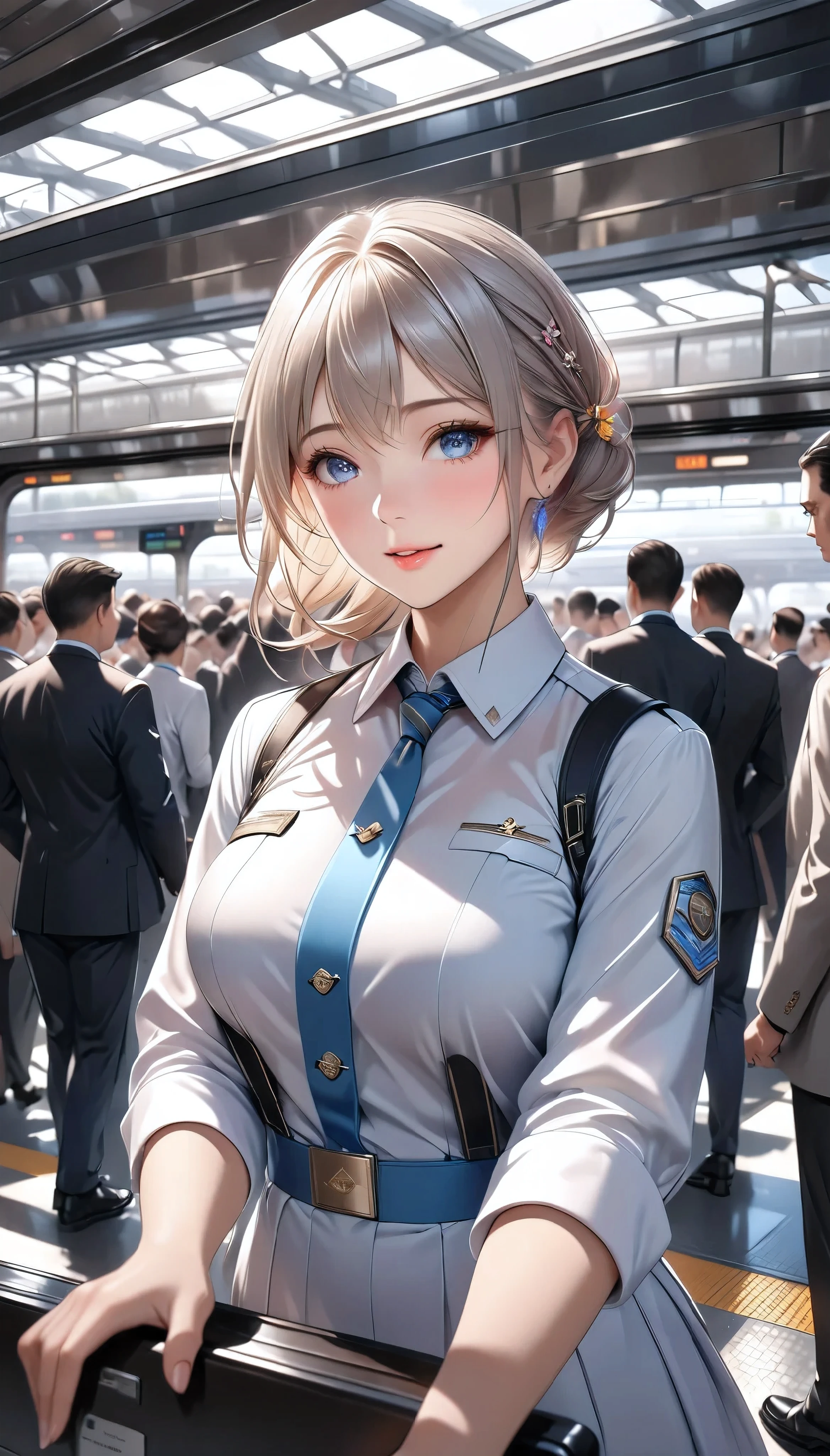  Detailed digital CG unit with extreme quality,  Ultra Realistic Animation , Super Fine,  digital illustration, BREAK Trains Waiting ,  Female Conductor Giving Signals ,  Safety Confirmation Before Departure ,  High Class and Strict Simple Uniforms, sense of cleanliness,  Amidst Everyday Chaos 々, A bustling station,  Lots of People Getting On and Off 、 people offering their blessings to you々, Super Retina, Sharpness,  dynamic angle,  Soft Focus, 