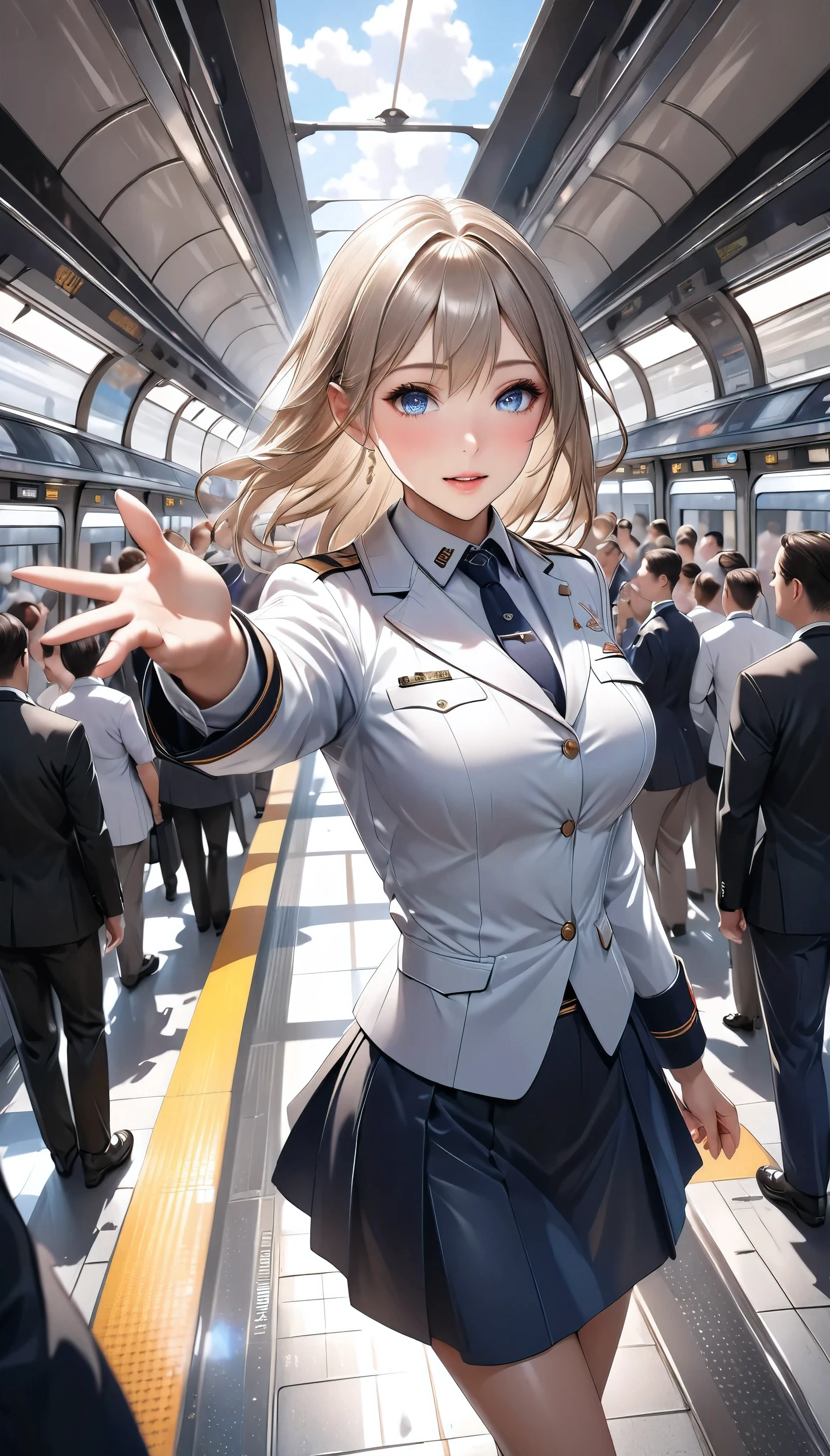  Detailed digital CG unit with extreme quality,  Ultra Realistic Animation , Super Fine,  digital illustration, BREAK Trains Waiting ,  Female Conductor Giving Signals ,  Safety Confirmation Before Departure ,  High Class and Strict Simple Uniforms, Uniform cap, sense of cleanliness,  Amidst Everyday Chaos 々, A bustling station,  Lots of People Getting On and Off 、 people offering their blessings to you々, Super Retina, Sharpness,  dynamic angle,  Soft Focus, 