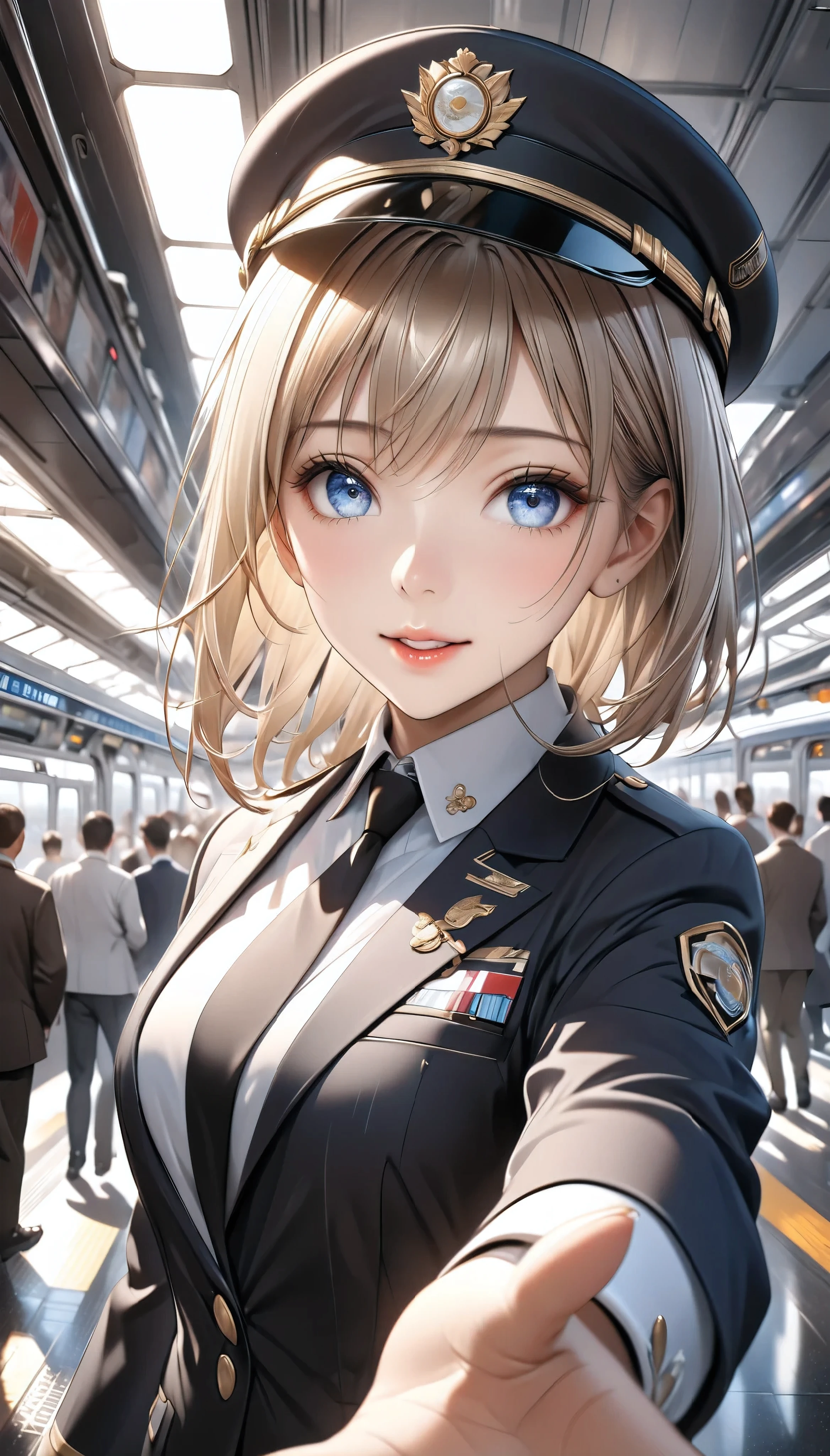  Detailed digital CG unit with extreme quality,  Ultra Realistic Animation , Super Fine,  digital illustration, BREAK Trains Waiting ,  Female Conductor Giving Signals ,  Safety Confirmation Before Departure ,  High Class and Strict Simple Uniforms, Uniform cap, sense of cleanliness,  Amidst Everyday Chaos 々, A bustling station,  Lots of People Getting On and Off 、 people offering their blessings to you々, Super Retina, Sharpness,  dynamic angle,  Soft Focus, 