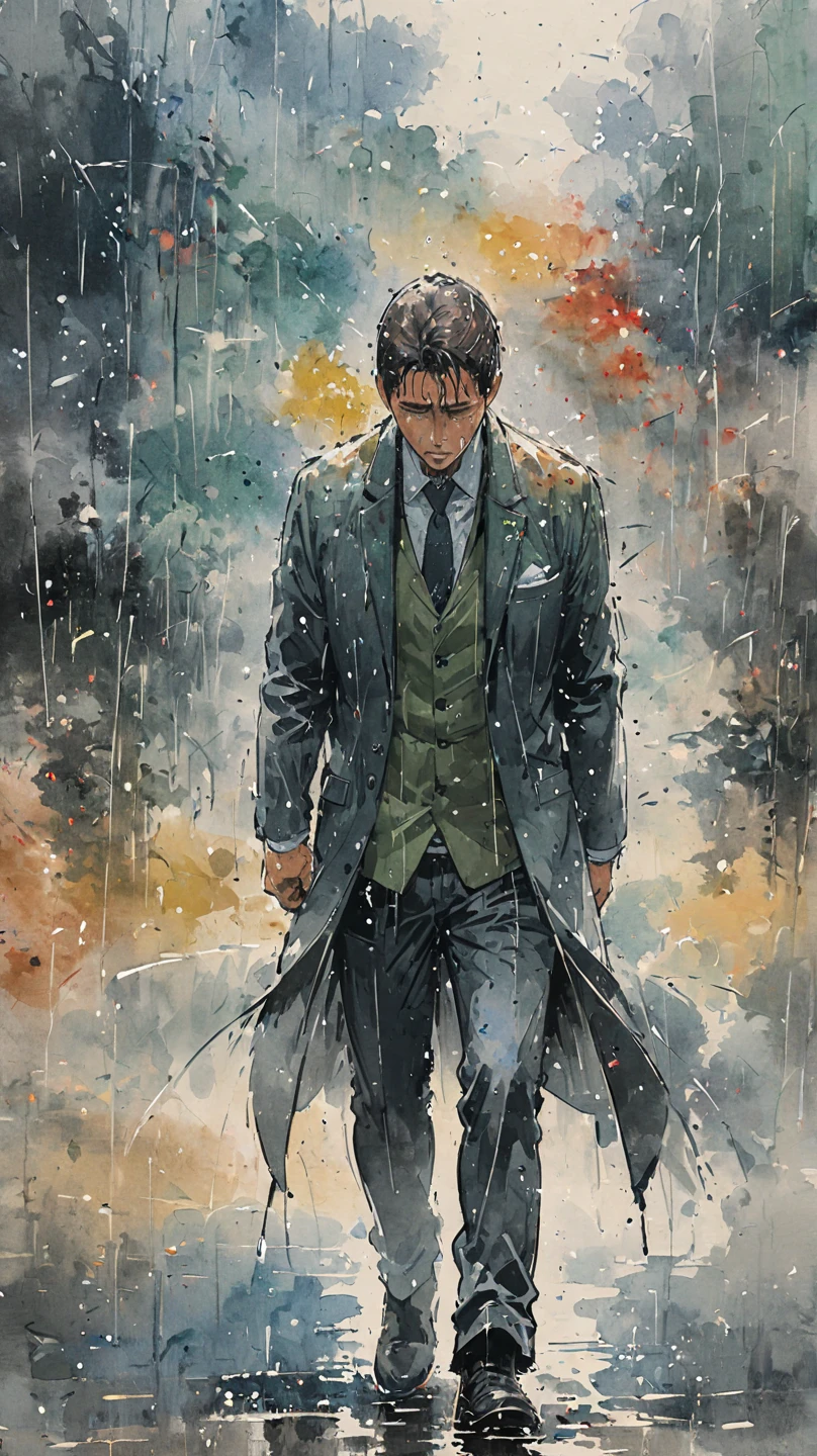 watercolor painting of a man in suit in the rain. full body shot of the man who is soaked under the rain. he tilts his head up to face the rain, the rainwater flows down his face. he is walking in the street, holding his hands out to feel the rain. watercolor brushes stroke painting style. the sky is dark.ライフイズベイン