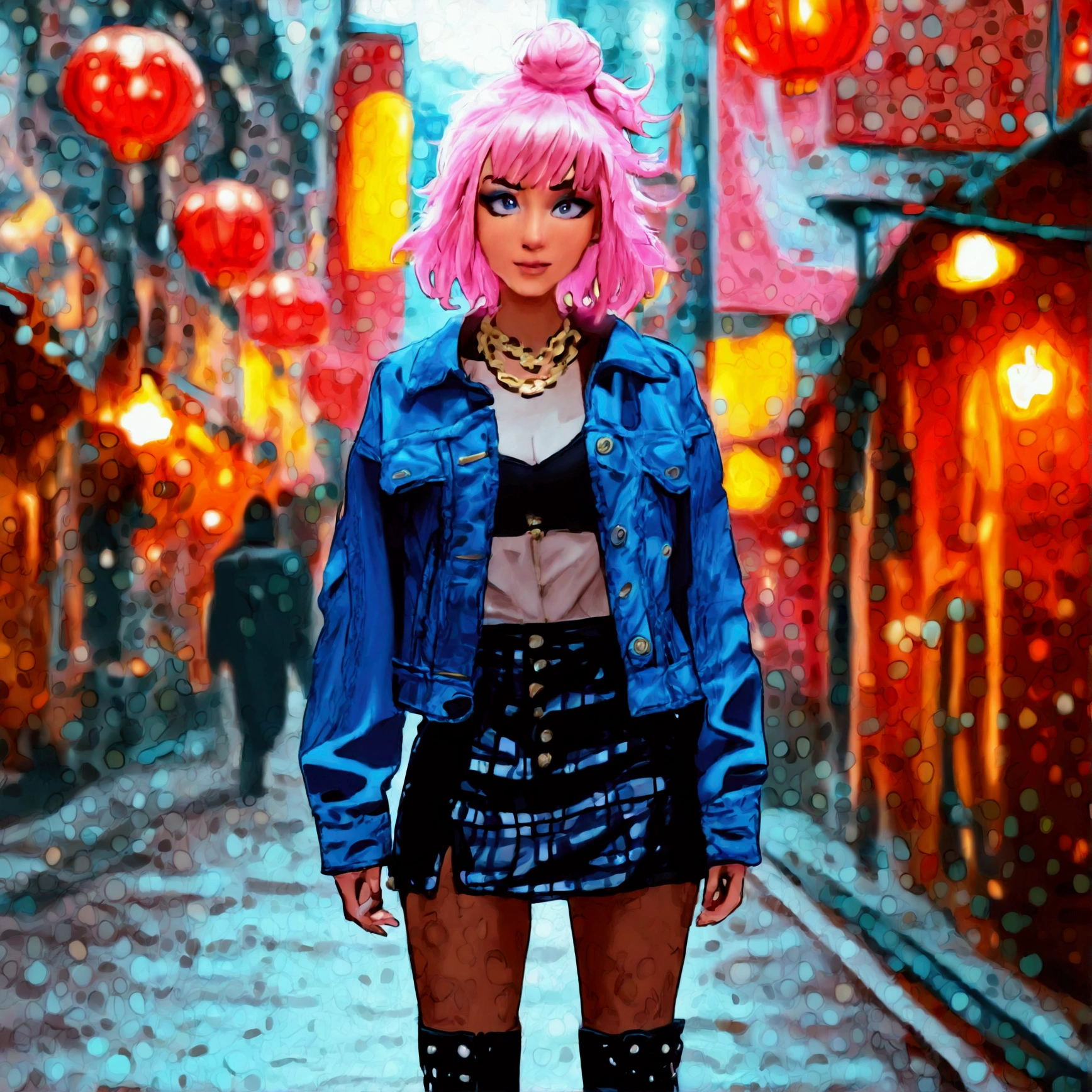 1girl, solo, anime style, urban street chic, pink-haired contestant with a messy bun, cropped denim jacket, plaid mini skirt, black combat boots, chunky gold chain, bold eyeliner, effortless cool vibe, sleek and relaxed, standing confidently, beauty contest presence, atmosphere+, best quality+