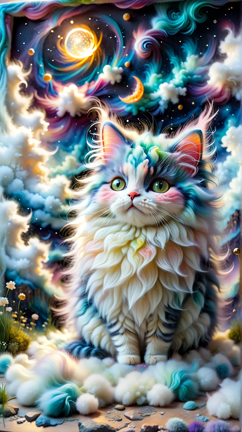  Felt artwork,  sewn on felt canvas .,  Felt felting art : 1.5,  woolen felt art : 1.5, Кошачий masterpiece, fairyland, floating kitten , fluffy clouds, fluffy cat, innocent and playful fluffy cat,  Dreamy space ,  trend intricate details ,  high detail,  high quality , masterpiece,