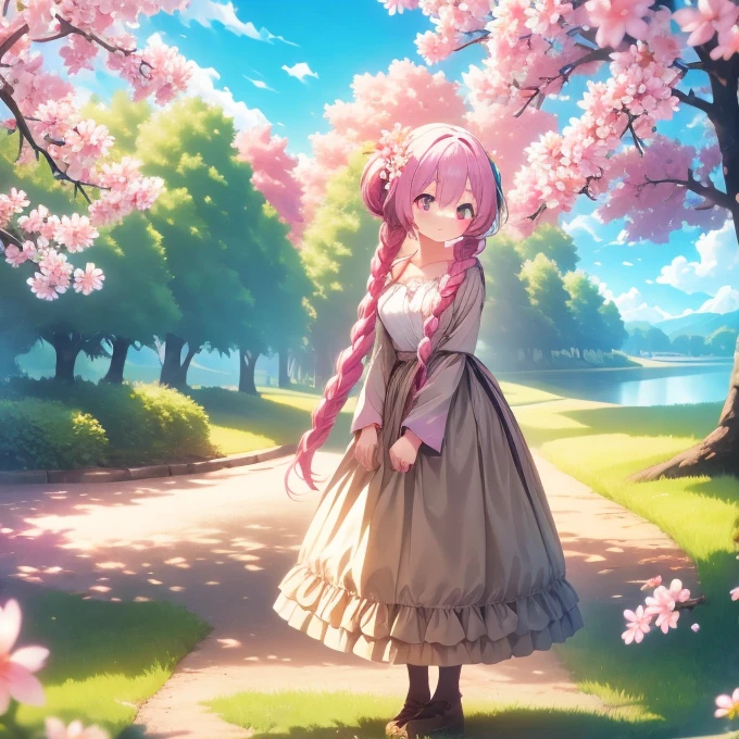 Cherry blossom long hair, 🌸, cherry blossom, sunshine, blue sky, Cutie, Ettin, original, masterpiece, beautiful, Pretty, Very pretty, 1 girl, fantastic, liveliness, HDR, good color, Perfection, Best quality, Miku