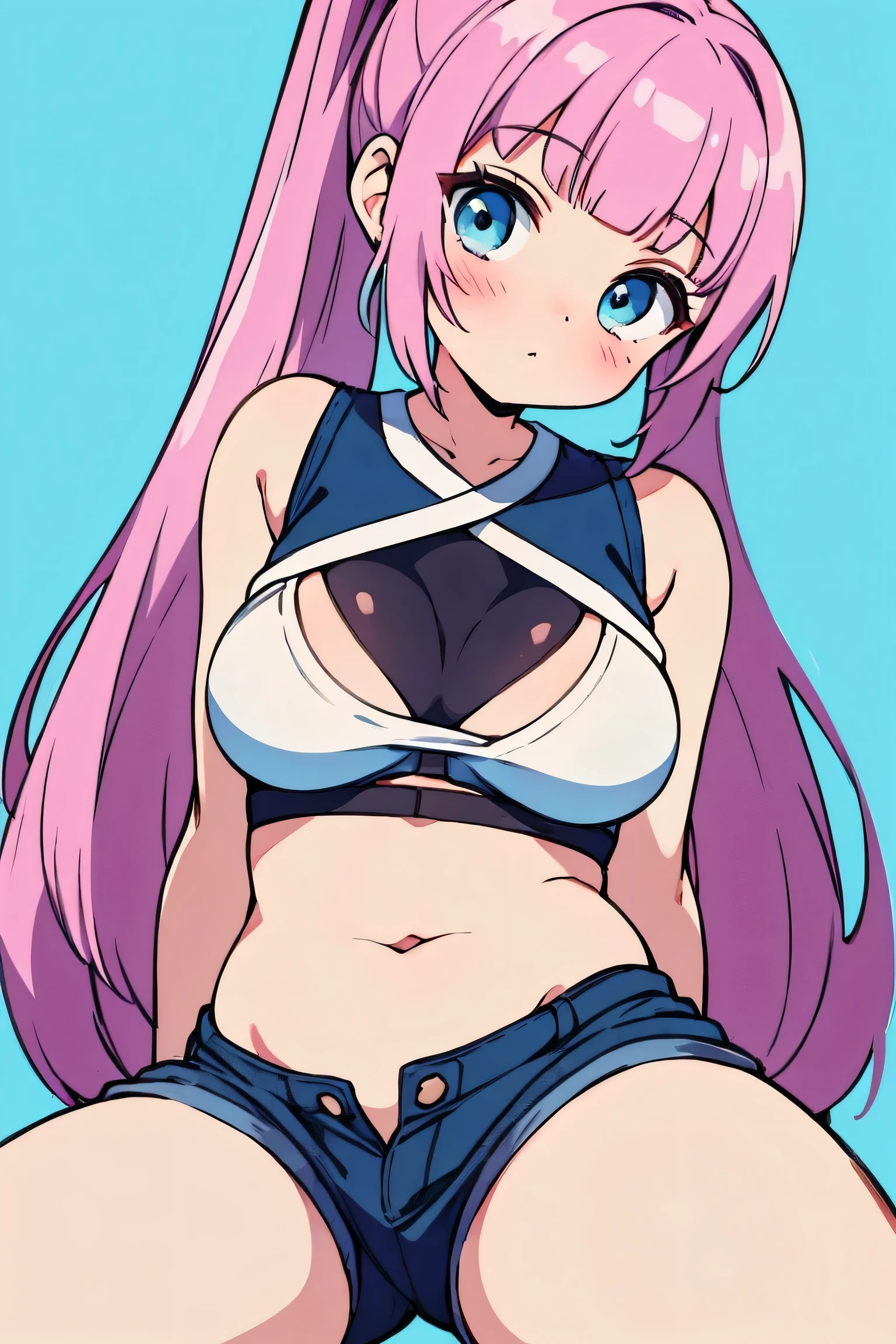 best quality, very aesthetic, Super detailed, best illustration, Dark blue one piece school swimsuit,bangs, pink_hair, blunt_bangs, hair_ornament, butterfly_hair_ornament, black_ribbon, blue_eyes, blush, hair_ribbon, twintails, long_hair, full body, nsfｗ, pussy focus, 1girl, おっぱい