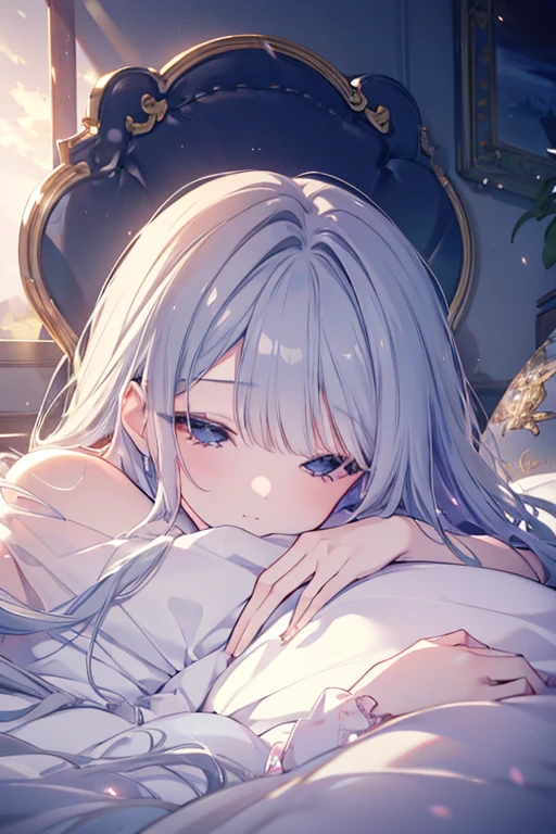 ((masterpiece)), ((Best Quality 4k)), (Ultra-detailed), anime style, cute, 1 girl lying on the bed, beautiful detailed eyes, beautiful detailed lips, extremely detailed face, long eyelashes, serene expression, soft lighting, pastel colors, dreamy atmosphere, peaceful, cozy bedroom interior, silk sheets, plush pillows, sunlight filtering through curtains
