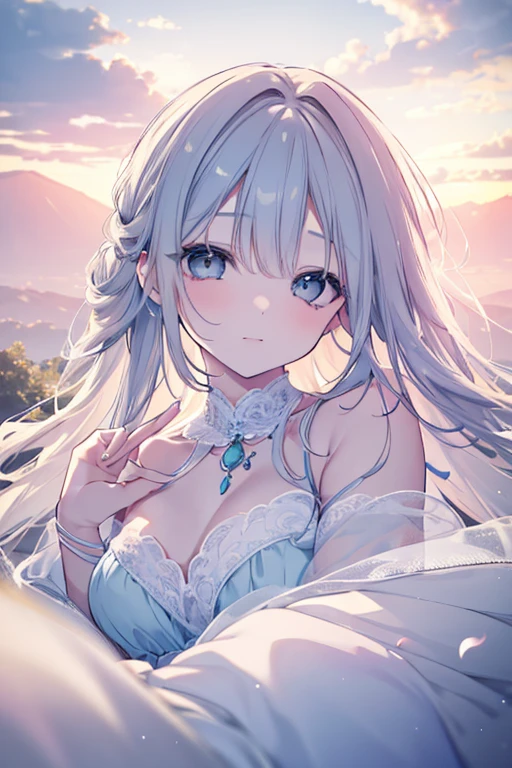 (Masterpiece, Best quality, A high resolution:1.4), 1girll, ((Unity 8k wallpaper, illustration, , beautiful and delicate detailed girl)), Small breasts, , Smile,Girl, Long hair, White hair, Blue eyes,Close-up,against backlight at dusk,, strong rimlight, intense shading, beautiful purple sunset at beach,a white long skirt,Leaning forward,