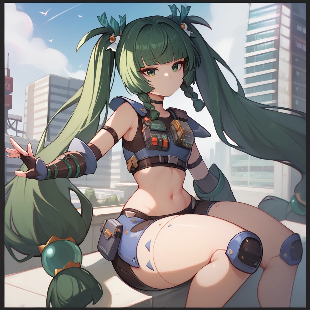 qingyi, green eyes, green hair, very long hair, twintails, blunt bangs, hair bobbles, side braids, hair ornament, robot joints, wide hips, big ass, thick thighs, fingerless gloves, black shorts, navel, choker, crop top, knee pads, elbow gloves, black sneakers, gauntlets, expressionless, border, blue sky, building, perfect body, curvy female, upper body