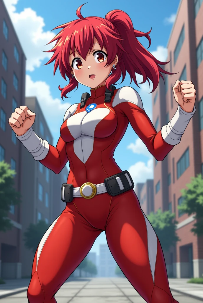 oni,sentai, heroine,superhero, standing, full body, solo focus, smile, open mouth, monstergirl