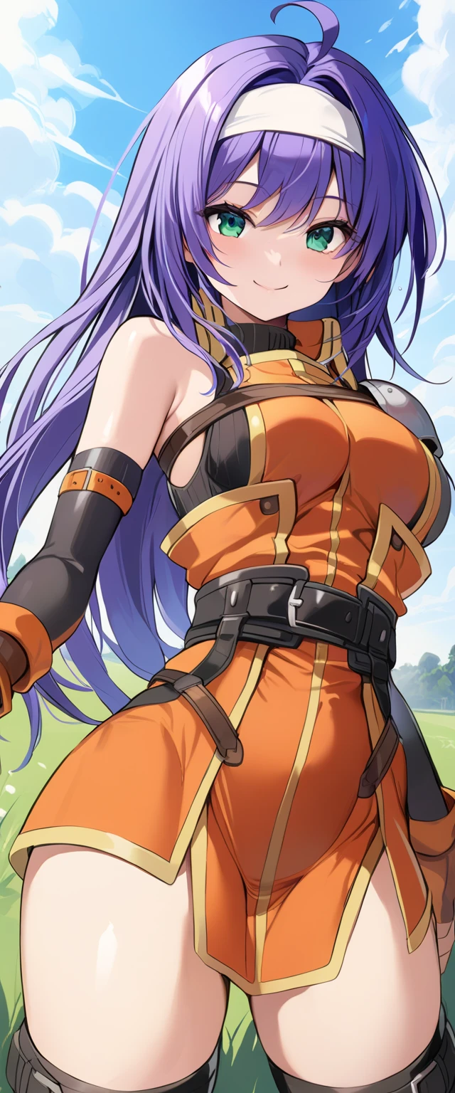 One person,Miafe , long hair,Ahoge, purple hair,Green Eyes, white hair band,Shoulder Armor, orange dress , sleeveless turtleneck , belt,Fingerless gloves, Knee Socks , cowboy shot, standing,smile,Grass,(blue sky:1.2), very detailed,  best quality,masterpiece