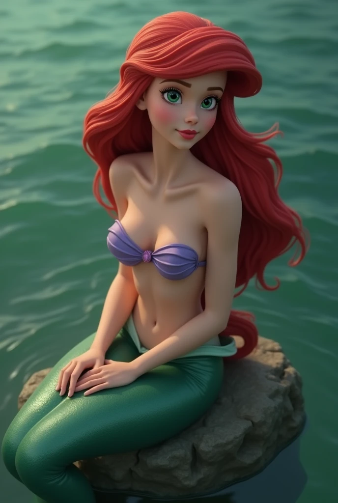 create a scene of little mermaid, she has a shiny transparent bra,, she is smiling, she is naked but her pussy is so beatiful, she looks beatiful, under the water she is posing for the camera, in the Pixar style, 3D cartoon, cute face, blue eyes, ginger hair, she has freckles, she is under the water