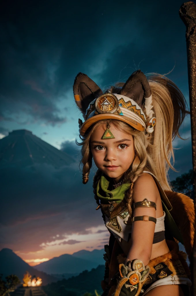 A  girl in realistic portrait of high quality and detail, full-length photo, 12yo, childh face, european girl, Kachina (Genshin Impact), movie style, She is wearing an orange and white cap, dark brown with a dark green bandana around her neck and brown short shorts. On the bottom of her belt is an orange jacket, orange gloves for a miner with fur, as well as her high wear-resistant boots. Of the additional ones, these are yellow-and-white knee socks and a patch on the left leg. Her blonde hairstyle consists of two pigtails on the sides of her head and a large high ponytail. In addition to the cap and tail, her head is complemented by high animal ears. no human ears. Tattoos on the rivers and leg that glow during the night spirit, and a small brown and white ponytail, she has a blue eyes, fantasy, happy atmosphere, happy smiling look, glow, eye shadow, 1girl, Depth & Perspective, small breast, fine face, She stands on the Mayan pyramid of Teotihuacan, outdoors, rainforest on background, evening time, looking at viewer, (ultra-high detail:1.2), Masterpiece, Best Quality, Ultra-detailed, Cinematic lighting, 8K, delicate features, cinematic, 35 mm lens, f/1.9, highlight lighting, global lighting –uplight –v 4, cinematic, Cinematic lighting, 8K, high quality, Highest Quality, (Solo Focus), (extremly intricate:1.3), (Realistic), masterful, Analog style, (Film grain:1.5), (cold tone),