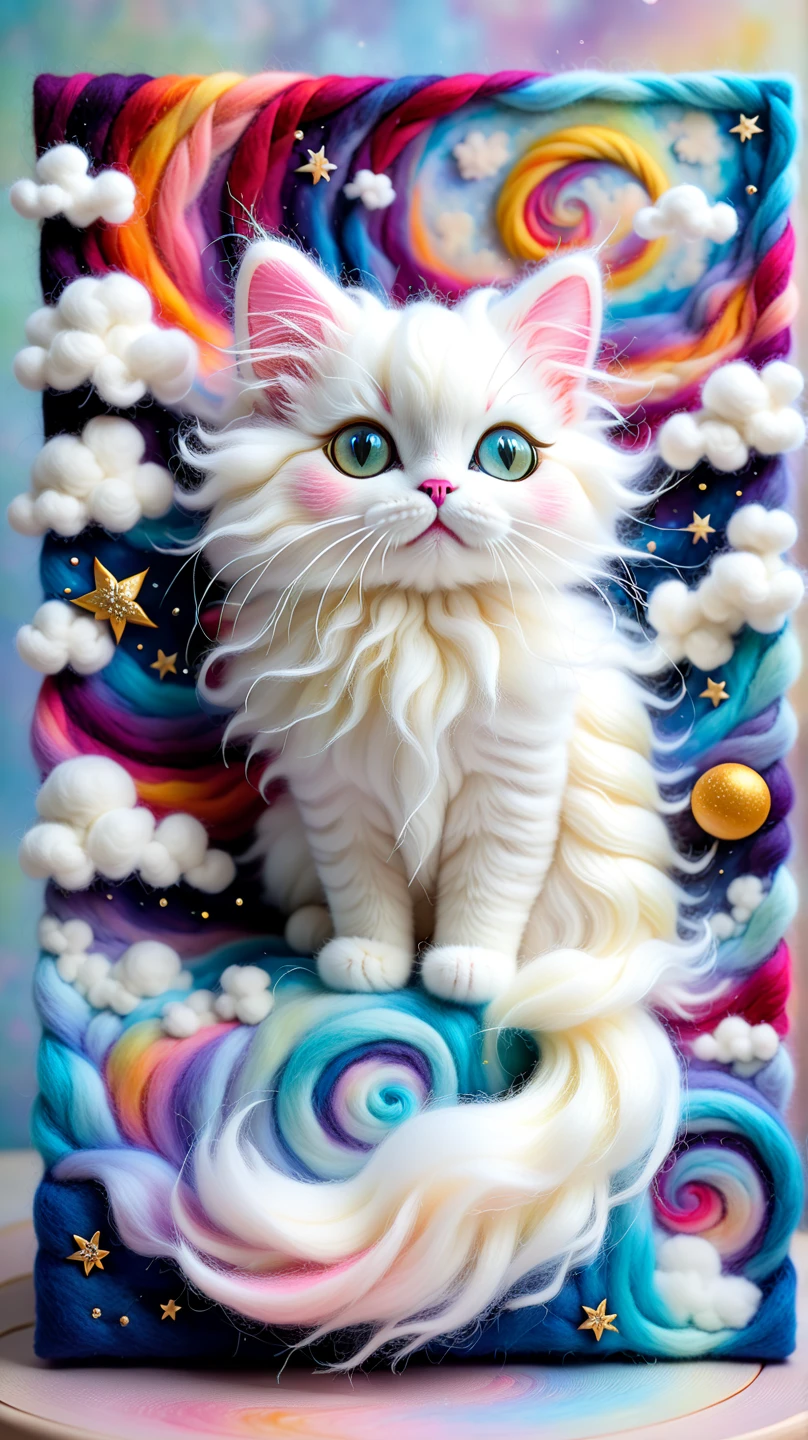  Felt artwork,  sewn on felt canvas .,  Felt felting art : 1.5,  woolen felt art : 1.5, Кошачий masterpiece, fairyland, floating kitten , fluffy clouds, fluffy cat, innocent and playful fluffy cat,  Dreamy space ,  trend intricate details ,  high detail,  high quality , masterpiece,