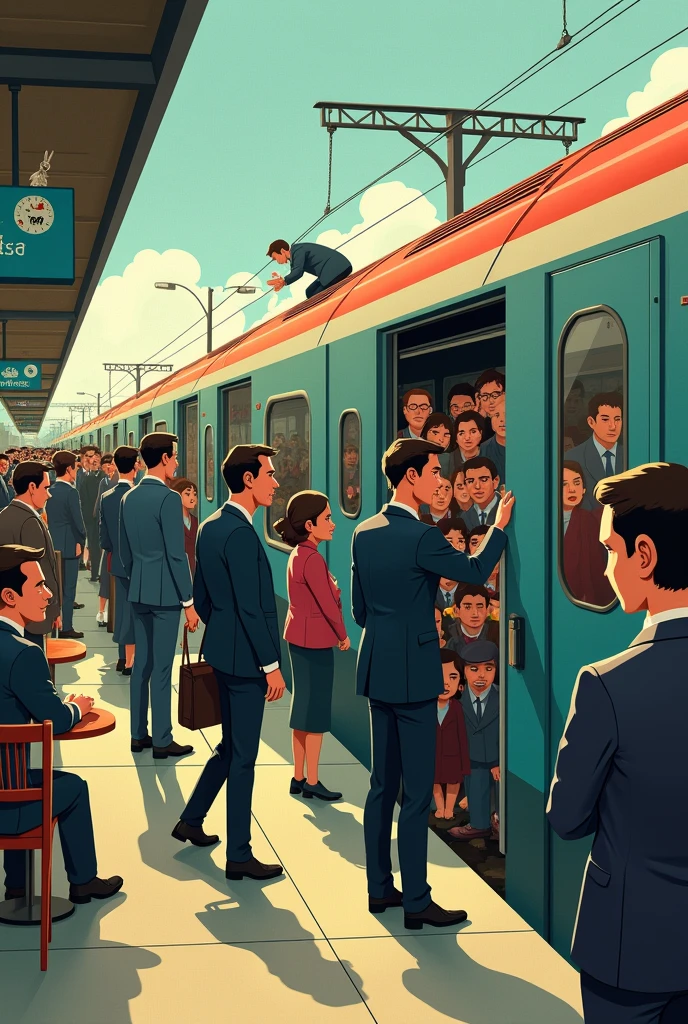  surreal animation style 、 the view from the station platform 、 looking at the train from the side 、 crowded trains near the door、The train is overcrowded 、 the train swells in a circle due to the large number of people 、 the person jumping out of the window 、 businessman in a cafe、 businesswoman、 the station attendant pushing the person into the train with both hands 、 there is a person watching the scene with impatience at the home 々、 there is a rabbit in the corner of the illustration。