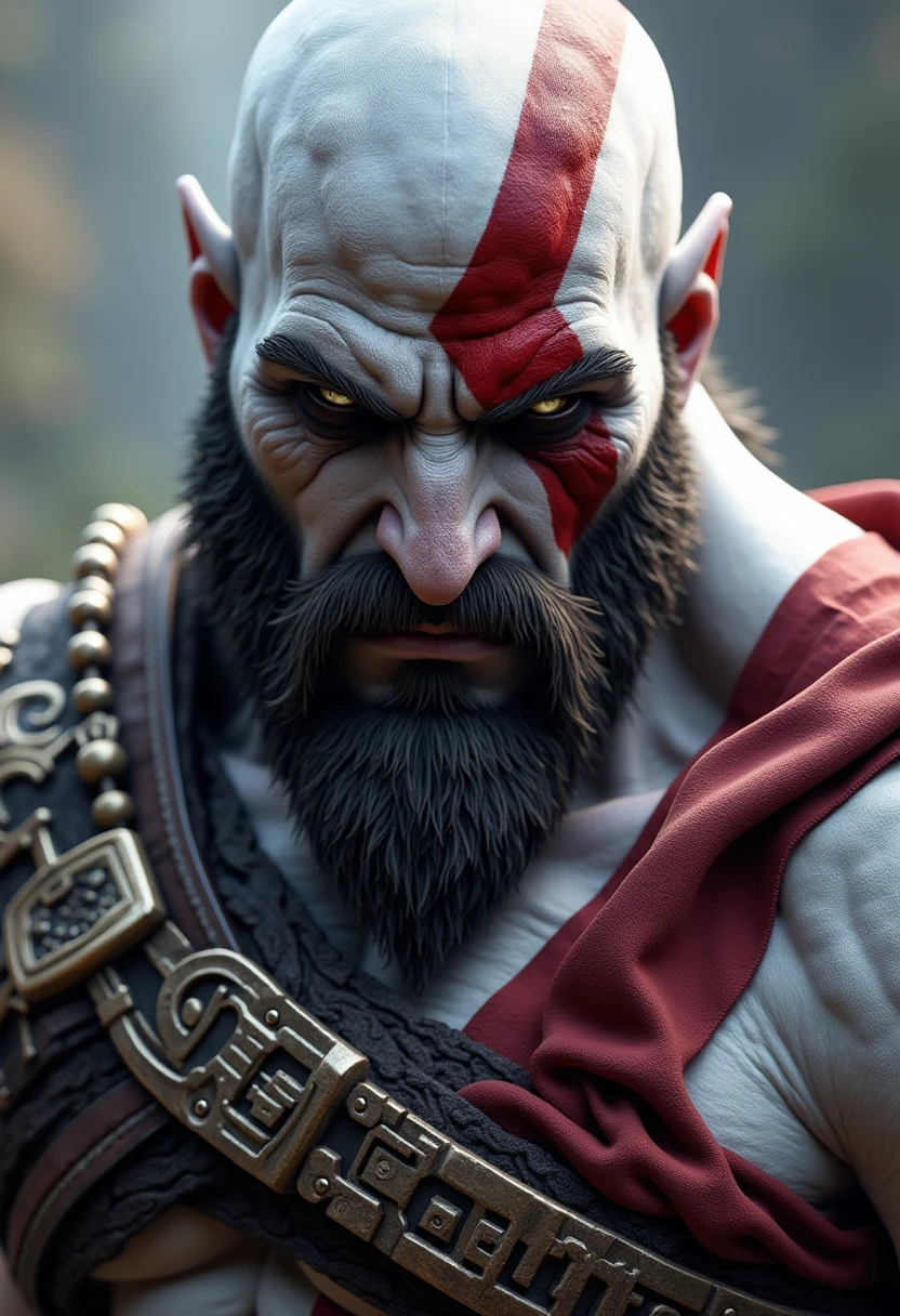  High Quality ,   Masterpiece ,  digital media ( artwork),   super high resolution,  's highly detailed fur and face  ,  in、 God of War  .  真っ赤な瞳孔と白い強膜の複雑in細部まinこだわった目,  ボリュームライトin照らされたキャラクターを後ろからキャプチャしたカウボーイショット , Atmospheric Effects.  鮮やかな照明in表現された強烈な雰囲気 ,  Muscular upper body .  white fur,  のスタイルin、Impressive red scars  ,   focuses on rough aesthetics  .  bright ,  elaborate texture . narrative poem ,  ソロの毛皮in覆われた男性  (2005),   wearing a draped cape 、 emphasizes the character's strength and presence 。.