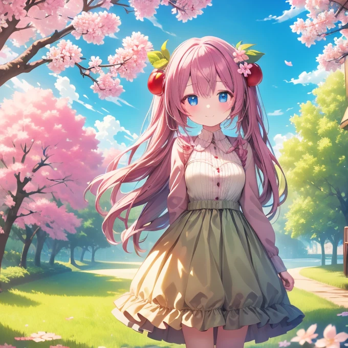 Cherry Autumn long hair, 🌸, cherry blossom, falling leaves night, blue sky, Cutie, Ettin, original, masterpiece, beautiful, Pretty, Very pretty, 1 girl, fantastic, liveliness, HDR, good color, Perfection, Best quality, Miku