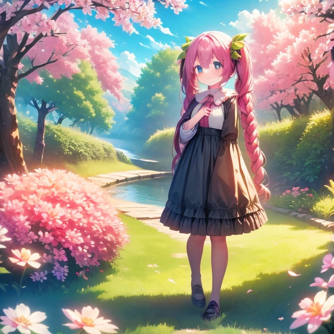 Cherry Autumn long hair, 🌸, cherry blossom, falling leaves night, blue sky, Cutie, Ettin, original, masterpiece, beautiful, Pretty, Very pretty, 1 girl, fantastic, liveliness, HDR, good color, Perfection, Best quality, Miku