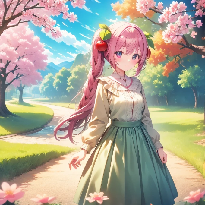 Cherry Autumn long hair, 🌸, cherry blossom, falling leaves night, blue sky, Cutie, Ettin, original, masterpiece, beautiful, Pretty, Very pretty, 1 girl, fantastic, liveliness, HDR, good color, Perfection, Best quality, Miku