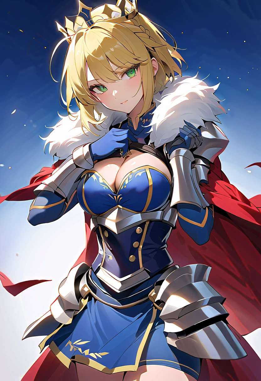 artoria、bangs、Ahoge、Blonde、Green Eyes、 French Braid 、 shorthair、crown、 Blue Leotard 、 sleeveless、 cleavage cutouts、 elbow gloves 、Blue gloves、blue knee socks
red cape、Fur trim、 gauntlet 、armor、armorブーツ、 underbust pose