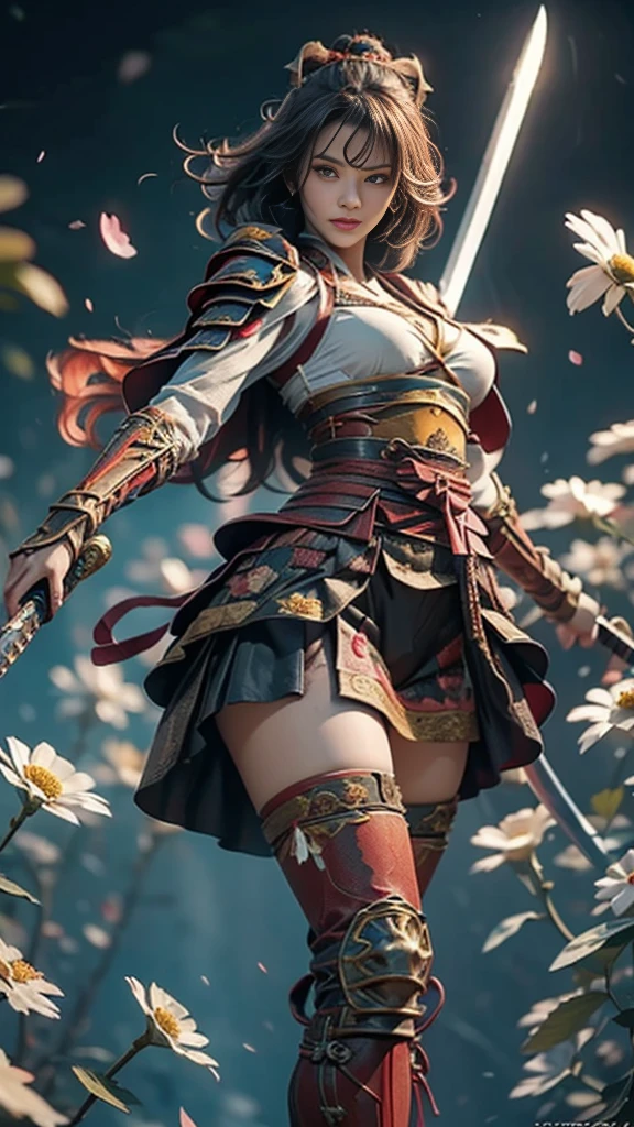 A sexy female character dressed as a warrior from the Warring States period、(( short bob))、((toned body))、 toned body、She has ample breasts and plump thighs、The chrysanthemum-colored armor engraved with chrysanthemum patterns is a bikini-type design that emphasizes the exposed breasts、A chrysanthemum-colored cape is worn、A chrysanthemum-colored ultra-mini skirt、Greater shin guards engraved with chrysanthemum petals、Yellow high-cut underwear、Chrysanthemum-colored tights、 absolute domain、( Dynamic Pose)、(( A sword is held in front))、(( angle from below))、 Strong yet elegant atmosphere 、 facing the front、 they are ready to fight even now、A battlefield with chrysanthemums scattered in the background、Chrysanthemum petals are scattered all over in a circular pattern、 Super high resolution and realistic touch 、 shiny armor and fabric texture 、A dynamic pose is depicted in detail、