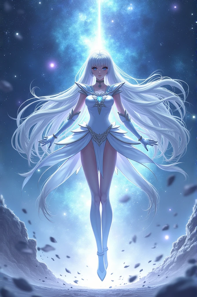 anime girl with long white hair and a blue dress in the snow, white haired deity, white hair floating in air, anime fantasy illustration, flowing white hair, beautiful young wind spirit, beautiful fantasy anime, glowing flowing hair, ethereal anime, beautiful anime artwork, beautiful digital artwork, anime fantasy artwork, ((a beautiful fantasy empress)), 2. 5 d cgi anime fantasy artwork