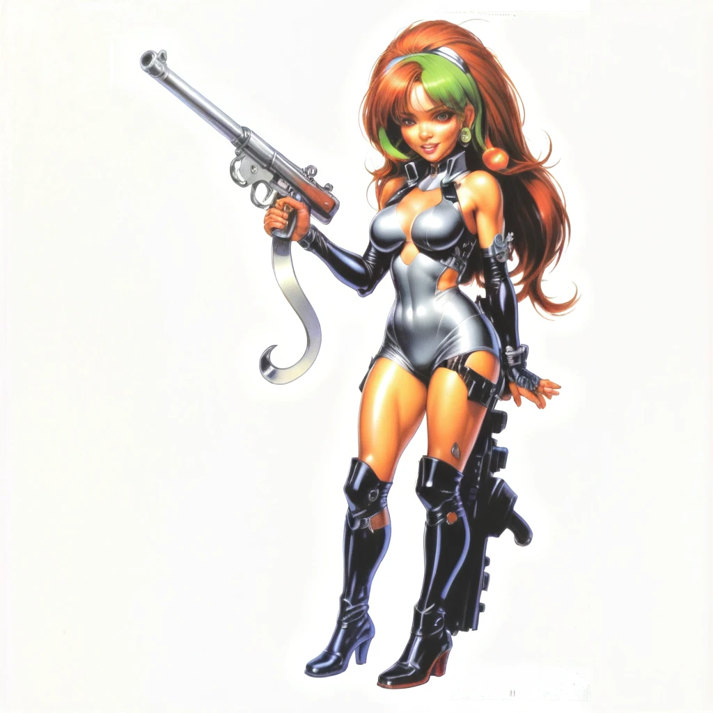  ArsMJStyle, Pixel Art, manyP, The image shows a woman in a futuristic outfit with goggles on her head holding a gun in her hand. She is wearing a black and brown outfit and the background is a combination of brown and black., 1girl, solo, blue eyes, makeup, gloves, lips, portrait, parted lips, eyelashes, bare shoulders, lipstick, shiny, eyeshadow, looking at viewer